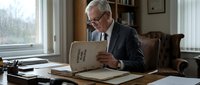 Senior man with gray hair and glasses, wearing dark business suit, reading large book at wooden desk in home office with bookshelves and window view.