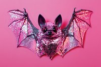 Glittery pink bat decoration with sparkly wings and black details against pink background, Halloween festive decor for party and seasonal display.