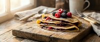 Stack of golden pancakes with fresh berries and chocolate spread on rustic wooden board, morning sunlight streaming through window creating cozy breakfast atmosphere.