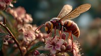 Large hornet with golden wings feeding on delicate pink cherry blossoms in soft natural light creating peaceful spring garden scene for nature photography.