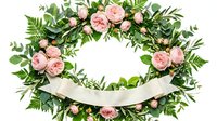 Lush floral wreath featuring soft pink roses and verdant foliage arranged in circular frame with blank cream ribbon banner, suitable for wedding invitations and greeting cards.