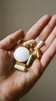 Hand holding assorted dietary supplements including capsules, tablets, and a white pill on neutral background for healthcare and wellness content.