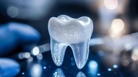 Glowing translucent molar tooth floating on dark blue background with bokeh lights, dental care concept for dentistry, oral hygiene and healthcare.