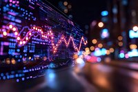 Digital stock market graph with glowing red trend line against blurred urban night background with colorful bokeh lights, representing financial data analysis.