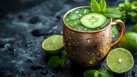 Refreshing cucumber mint cocktail in copper mug with lime slices, fresh herbs and ice on dark background. Cooling summer drink with water drops.