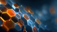Futuristic hexagonal molecular structure with glowing orange and blue lights on dark background for technology and science concepts.