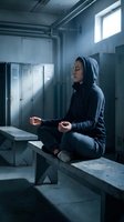 Young Asian woman in hoodie meditating on concrete steps in industrial urban building with natural light streaming through windows for mindfulness practice.