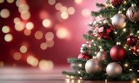Decorated Christmas tree with red and silver ornaments against blurred burgundy background with golden bokeh lights, creating festive holiday atmosphere.