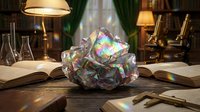 Iridescent crystal formation on vintage wooden desk surrounded by scientific equipment, books and warm lighting for educational research concepts.