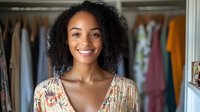 Young African American woman with natural curly hair and bright smile standing in front of wardrobe closet wearing floral print blouse, expressing joy and confidence.