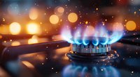 Blue flame gas stove burner with orange bokeh lights in dark kitchen background, energy consumption and cooking concept for utility bills design.