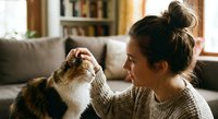 Young woman with dark hair in bun wearing beige sweater gently petting tabby cat in cozy living room with bookshelf background. Pet care and bonding moment.