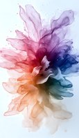 Ethereal ink splash in vibrant rainbow colors flowing like petals, creating abstract flower shape with translucent layers of pink, purple, orange and blue on white background.
