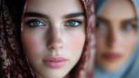 Young woman with striking blue eyes wearing traditional headscarf, with blurred reflection creating artistic portrait composition.