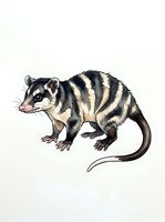 Striped opossum with black and white fur, pink nose, and long tail isolated on white background for design, educational, and clipart use.