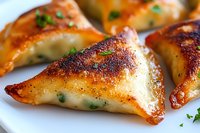 Crispy golden brown wontons filled with creamy cheese and herbs, garnished with fresh parsley on white plate, macro food photography showing texture and details.