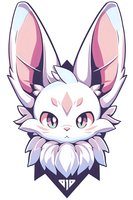 Cute white fantasy bunny character with large pink ears and purple eyes in anime style, isolated on white background for stickers, gaming avatars and merchandise design.