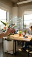 Hand touching holographic workflow optimization interface in modern office environment with team collaborating in background and natural light from windows.