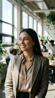 Young Latina businesswoman in beige blazer and cream blouse smiling in modern office with large windows, plants, and colleagues working at desks in background.