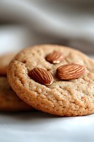 Fresh baked almond cookie with whole nuts on top, macro shot showing texture and details of homemade sweet treat against soft blurred background.