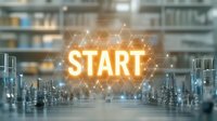 Glowing orange START text with hexagonal network pattern floating above futuristic cityscape background with glass buildings and blurred bokeh effect.