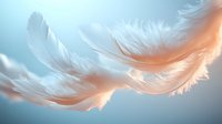Delicate white and peach feathers floating gracefully against soft blue background, creating ethereal atmosphere. Gentle motion captured in lightweight plumes.