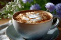 Creamy cappuccino with delicate heart-shaped latte art foam and cocoa powder dusting in ceramic cup, alongside fresh spring flowers on wooden table.
