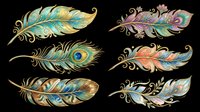 Ornate decorative feathers set with golden details, isolated on transparent background. Ready for stickers, sublimation, t-shirt design, clipart, and print on demand use.