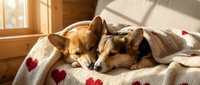 Two adorable corgi dogs sleeping peacefully together under cozy heart-patterned blanket in warm sunlit bedroom creating perfect comfort scene.