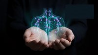 Cupped hands holding glowing digital lungs with green light effects against dark background. Medical technology concept for healthcare presentations and designs.