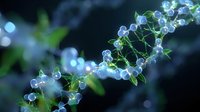 Glowing DNA helix structure with blue and green bioluminescent molecules against dark background illustrates genetic research and biotechnology concepts.