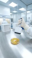 Scientist in gloved hand uses multichannel pipette over petri dish with culture media in sterile pharmaceutical cleanroom laboratory.