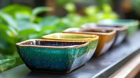 Colorful ceramic sauce bowls in row on wooden surface with green plants background, showing gradient from teal to brown. Asian dining concept.