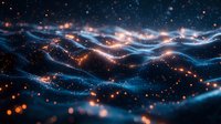 Abstract cosmic waves with glowing orange particles floating in dark space, luminous blue energy streams creating dynamic flowing pattern against starry background.