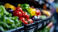 Fresh red tomatoes and colorful vegetables displayed in black market containers with blurred produce background, suitable for food retail, grocery advertising, farmers market promotions.