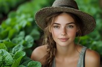 Young woman in straw hat with braided hair smiling gently against green garden background, natural summer portrait with soft lighting and bokeh effect.