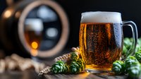 Fresh craft beer in glass with foam head surrounded by green hop cones on dark rustic background with barrel. Cold condensation droplets on mug.