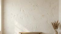 Minimalist interior with textured cream wall, wooden shelf, and dried pampas grass in vase for home decor and design projects.