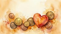 Watercolor heart with ancient coins on textured paper background. Romantic finance concept for Valentine's Day, wedding invitations, love money themes.