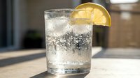 Refreshing sparkling water with ice and lemon slice garnish, perfect for beverage, food and drink, hospitality, restaurant and bar design projects.
