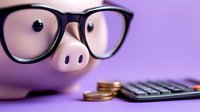 Pink piggy bank wearing glasses with coins and calculator on purple background for financial planning and savings education concepts.