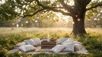 Outdoor picnic setup with cushions and wooden crate under large tree in sunny meadow, ideal for leisure, relaxation, and nature-based lifestyle marketing.