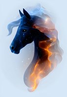 Mystical horse head silhouette with cosmic night sky texture and flowing orange energy mane against light background, combining darkness and light elements.