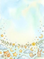 Watercolor nursery border with sleeping animals, clouds, stars, moons, and floral garland on soft pastel background. Ideal for baby shower invitations, children's room decor, greeting cards, and nursery wall art designs.