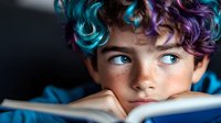 Young person with vibrant multicolored dyed hair and freckles resting head on open book, looking up dreamily against dark background, blue eyes glowing with curiosity.