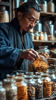 Senior Asian herbalist in traditional blue robe carefully sorting medicinal herbs and ingredients in authentic oriental medicine shop. Atmospheric lighting highlights ancient healing practices.
