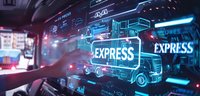 Futuristic digital interface showing glowing neon delivery truck icon with express text, surrounded by holographic elements in purple and blue technological environment.