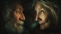 Elderly couple gazing lovingly at each other in warm intimate lighting. Senior man and woman sharing tender moment together showcasing deep connection and lifelong love.