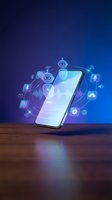 Smartphone with AI chatbot interface and digital icons floating above wooden surface on blue gradient background for technology presentations.