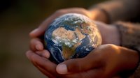 Cupped hands gently holding planet Earth against blurred natural background, showing Africa and Europe continents. Environmental care and global protection concept.